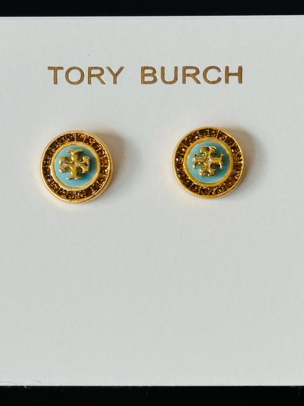 NWT Tory Burch Light Blue Enamel Crystal Logo Circle Stud Earrings